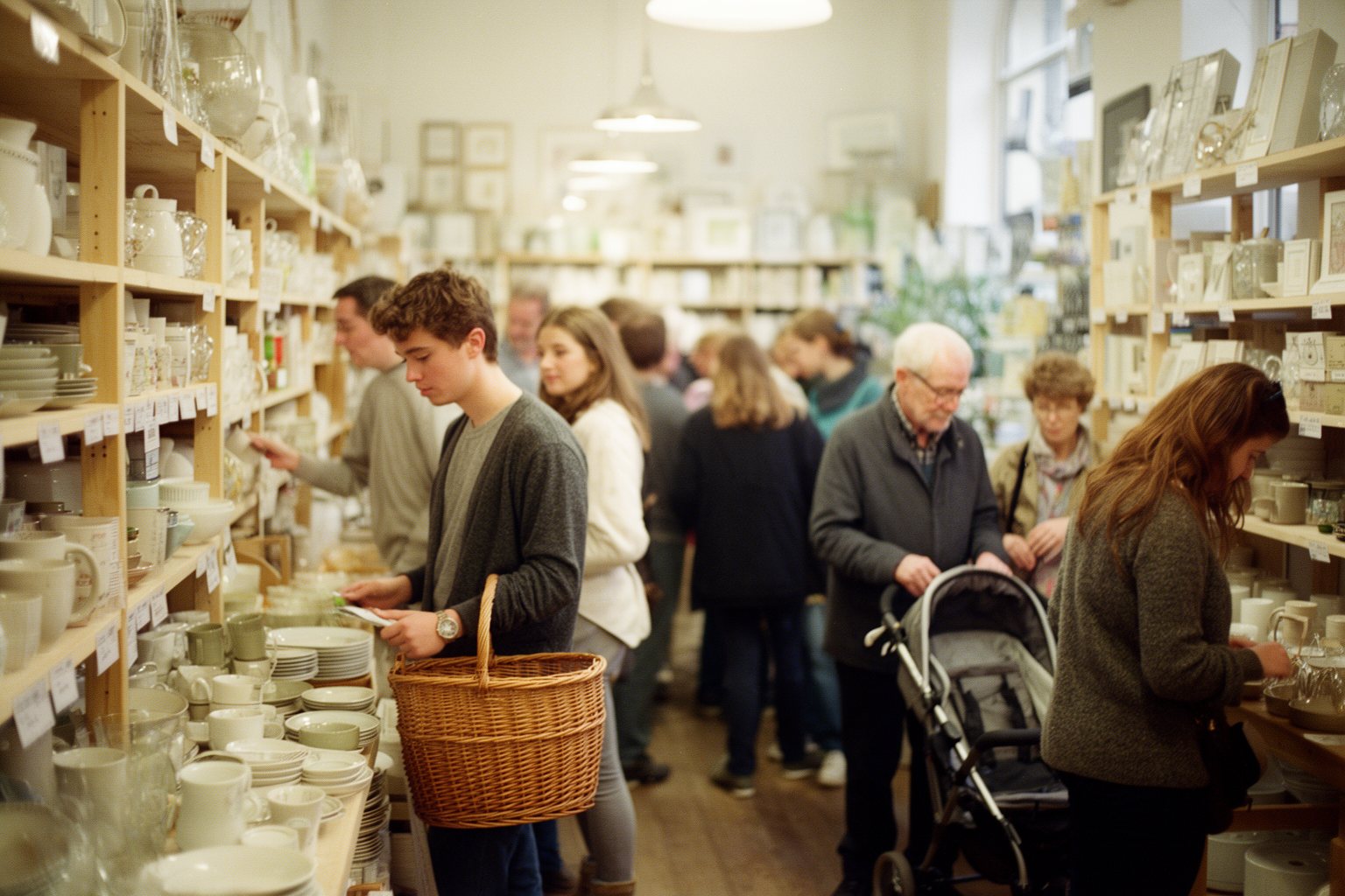 Diverse mix of customers browsing a busy independent shop