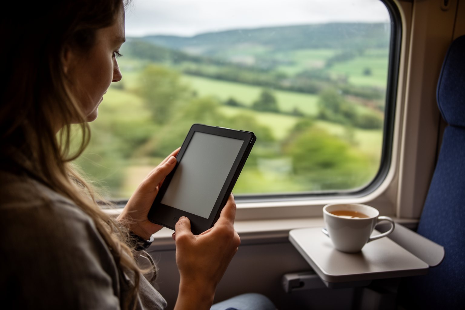 Unveiling The Top 10 Travel Gadgets You Never Knew You Needed Traveler reading an e-reader in a train window seat as countryside passes outside