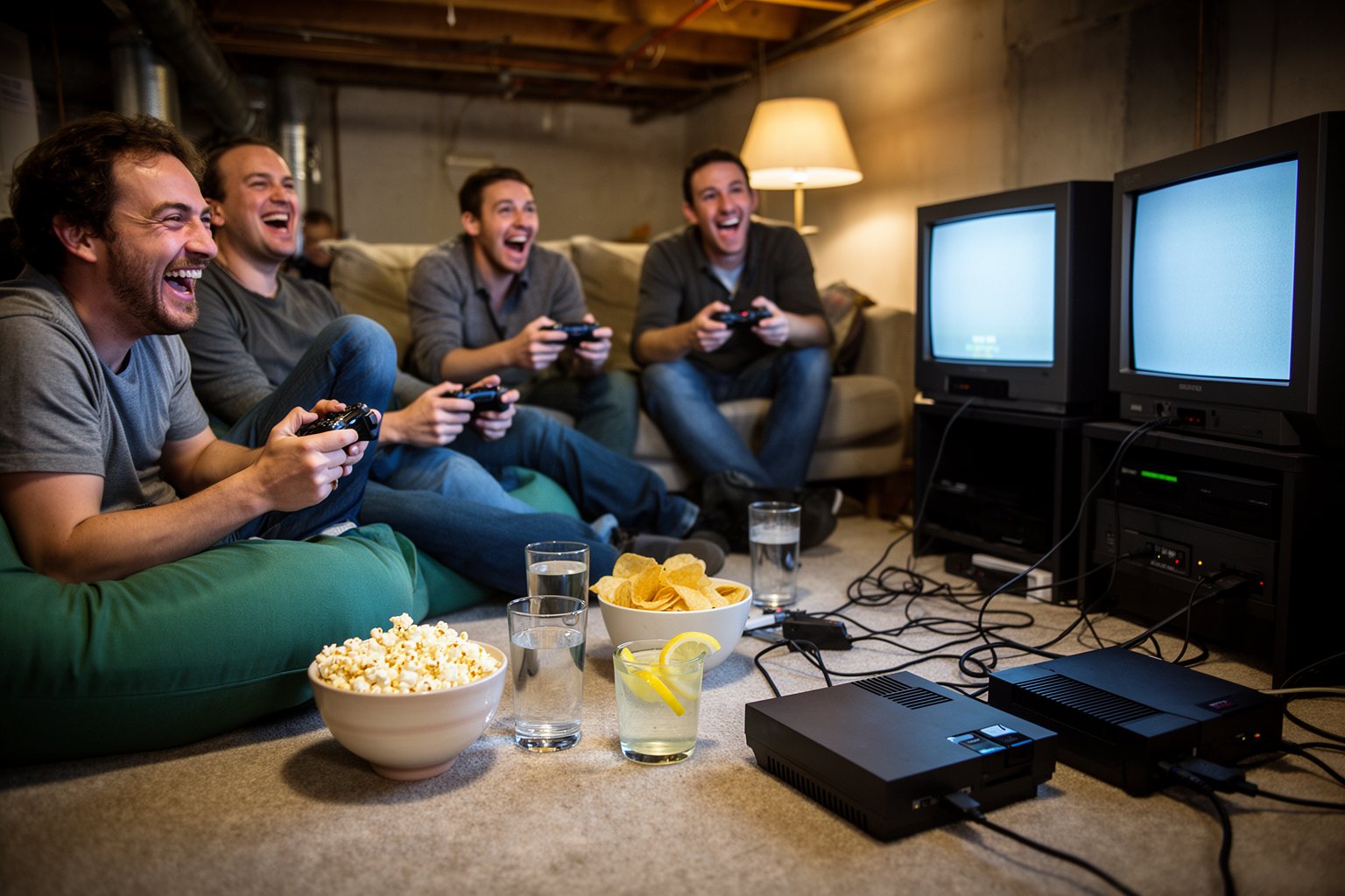 Friends at an early 2000s multiplayer night with consoles and bulky TVs linked together
