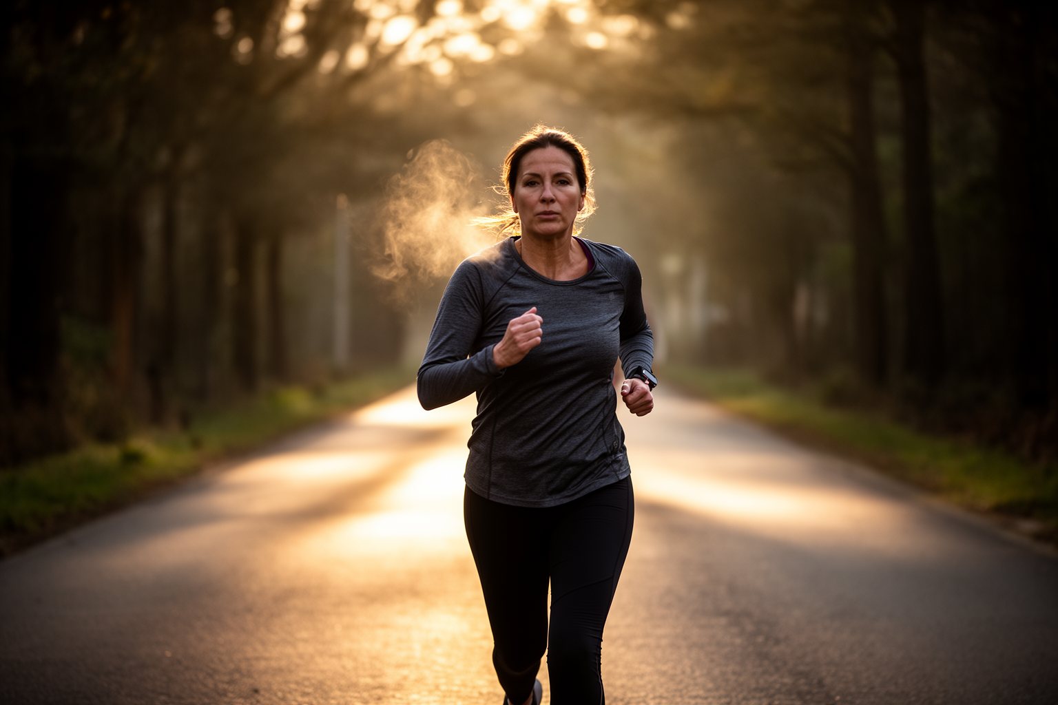 Grit and Grind: Your Layoff Survival Guide Woman on an early morning run along a quiet road, staying motivated during a job search
