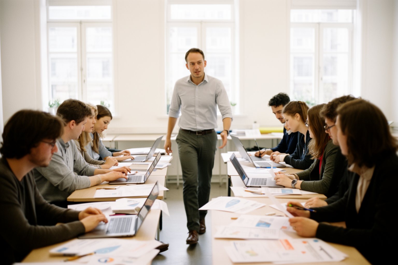 Employees taking part in a hands-on training workshop led by a trainer