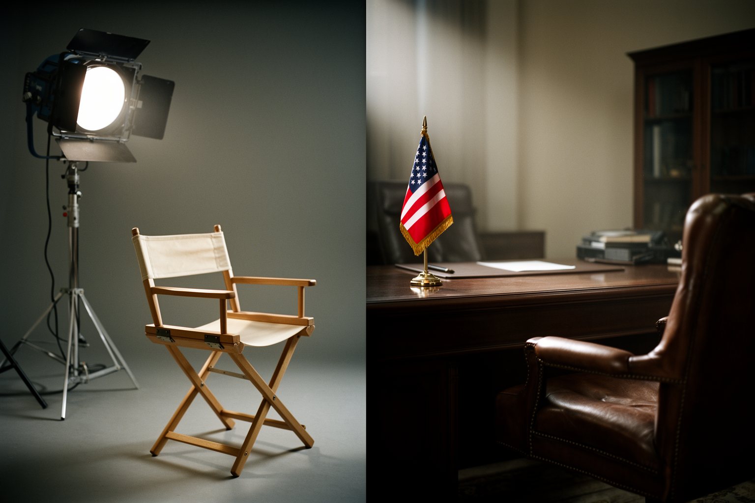 Star-Politicos: Is Mixing Celebrities and Politics a Ticking Time Bomb? Director's chair and film lights beside a formal office desk, from screen to politics