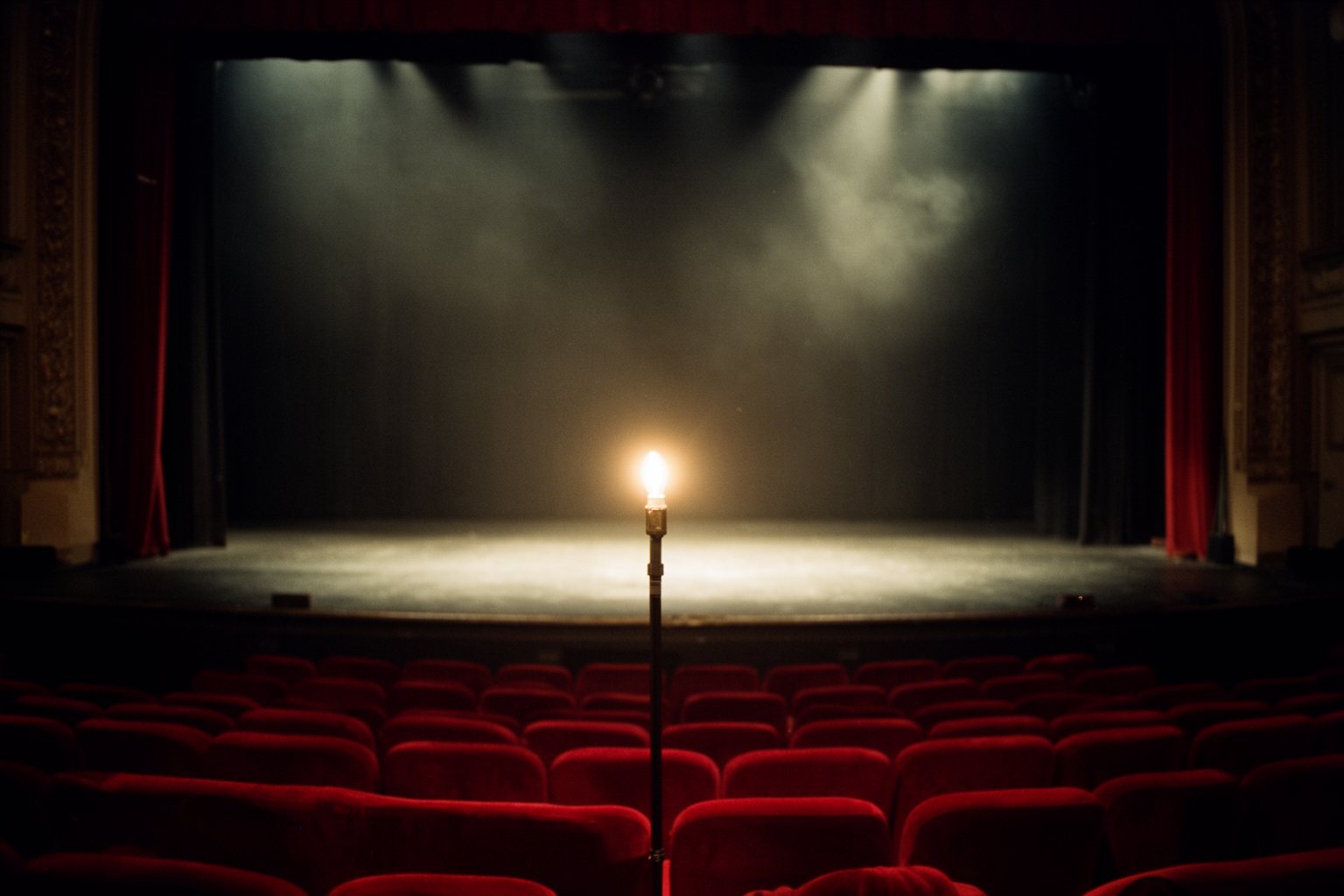 Entertainment Industry Behind the Scenes: Hidden Faces Empty theatre stage after the show with a single ghost light and rows of empty seats