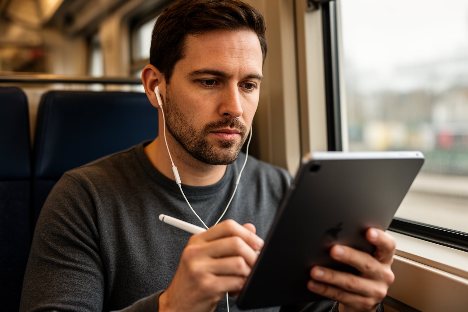 The AI Revolution: How to Future Proof Your Career in Technology Engineer studying an online machine learning course on a tablet during a train commute