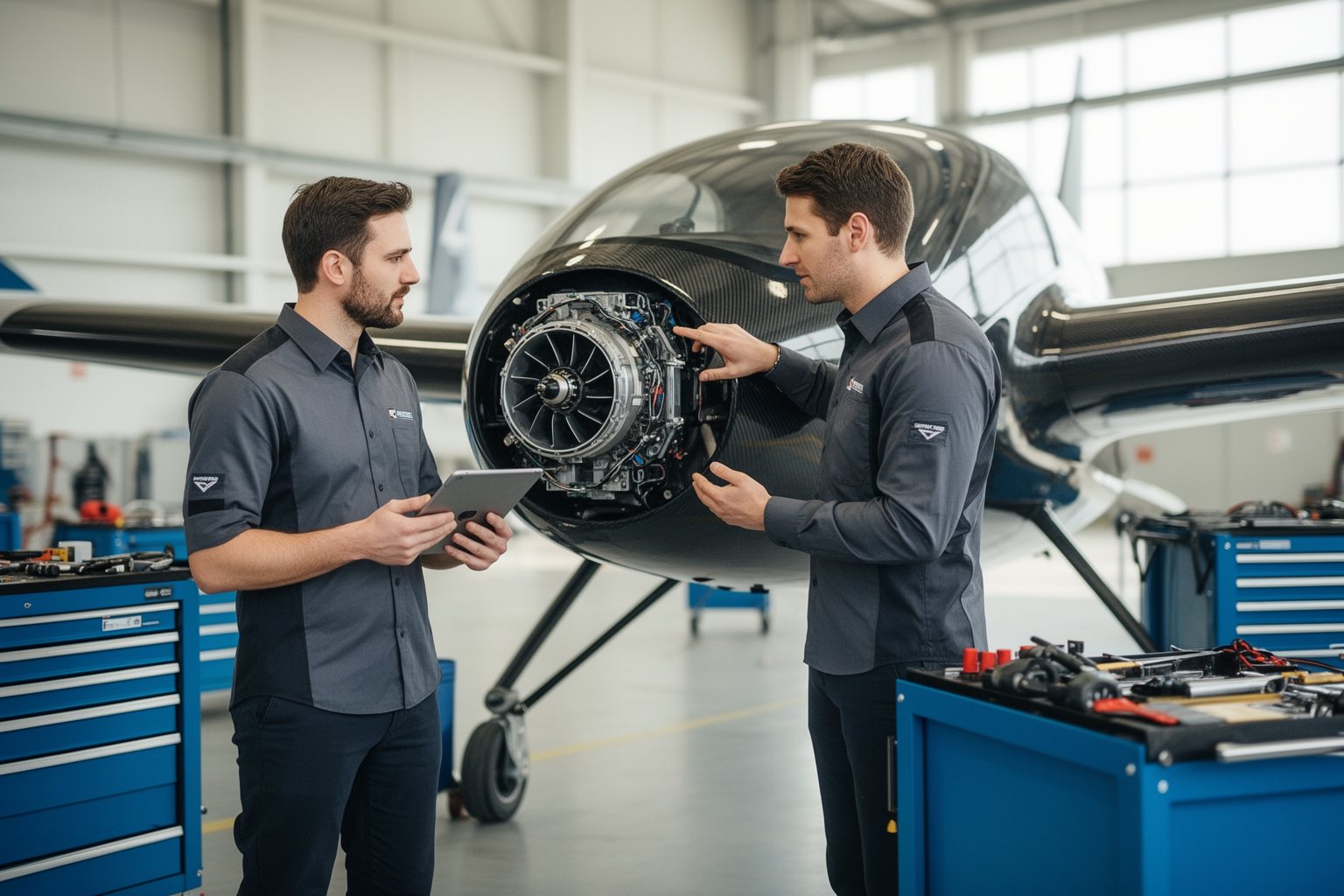 Jetsons Reality: The Dawn of Flying Cars Engineers inspecting the electric rotor and motor on a flying car prototype in a hangar
