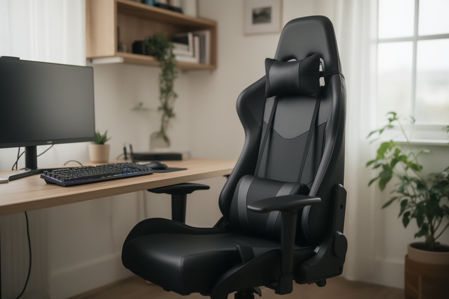 Revealed! Top 10 Gaming Gadgets You Can't Live Without! Ergonomic gaming chair with lumbar support pulled up to a desk in a bright home office