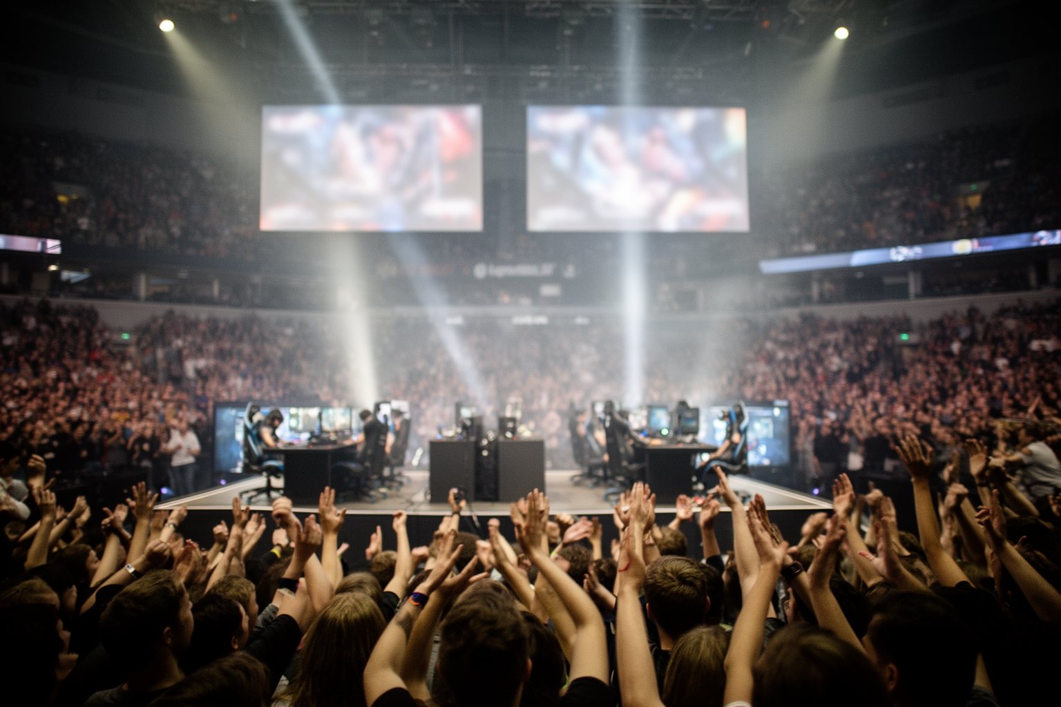 Crowd cheering in an esports arena as players compete on a brightly lit stage