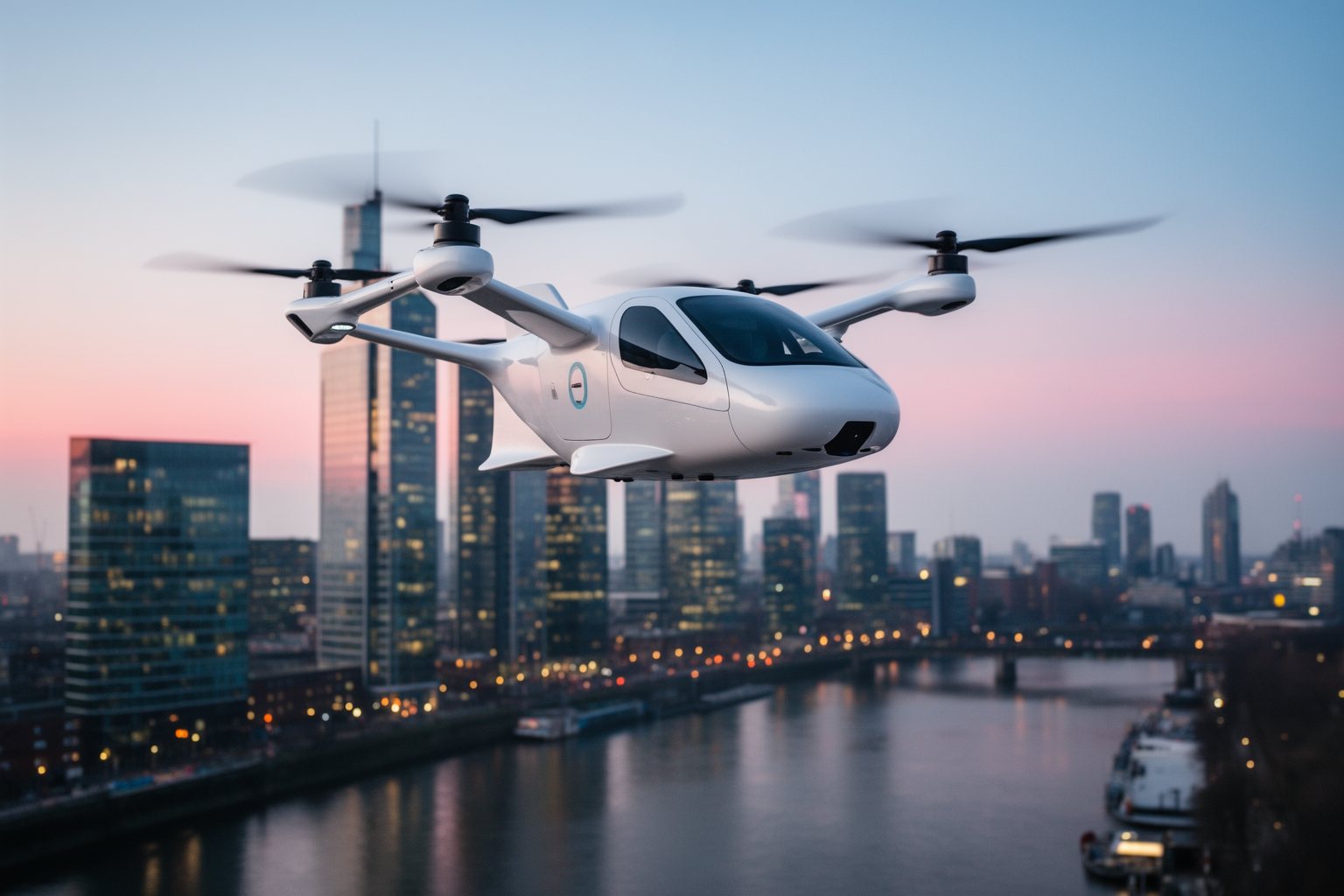 Jetsons Reality: The Dawn of Flying Cars Electric air taxi flying over a city skyline at dusk, the dawn of flying cars