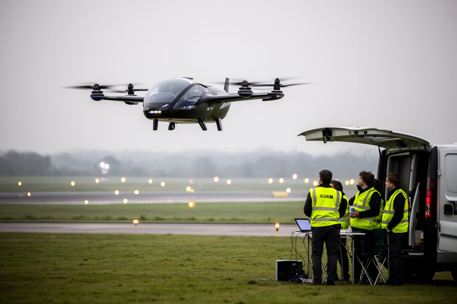 Jetsons Reality: The Dawn of Flying Cars Engineers watching an eVTOL air taxi prototype hover during a test flight at an airfield