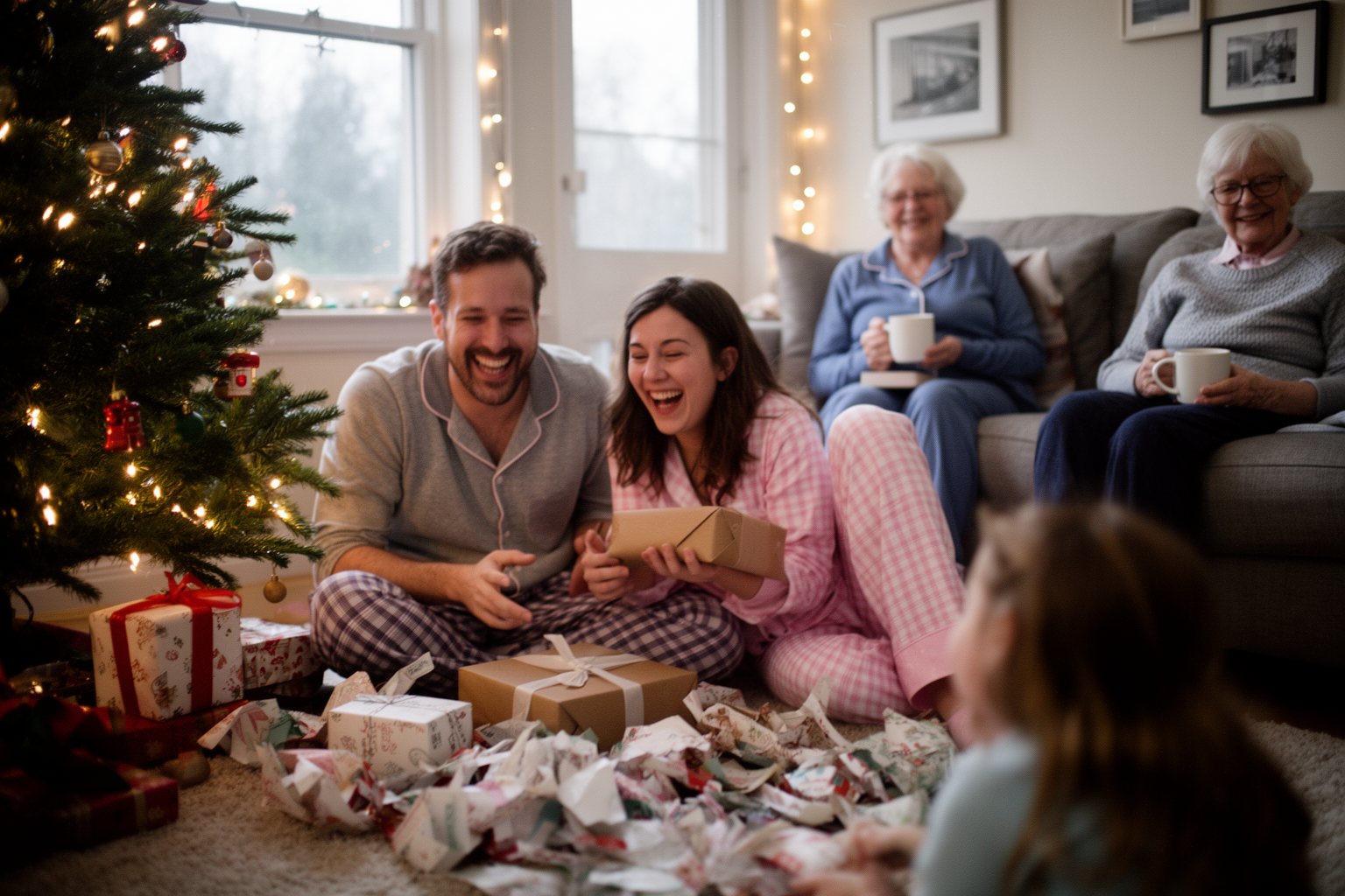 Family opening gifts by the tree on Christmas morning, enjoying a debt-free Christmas
