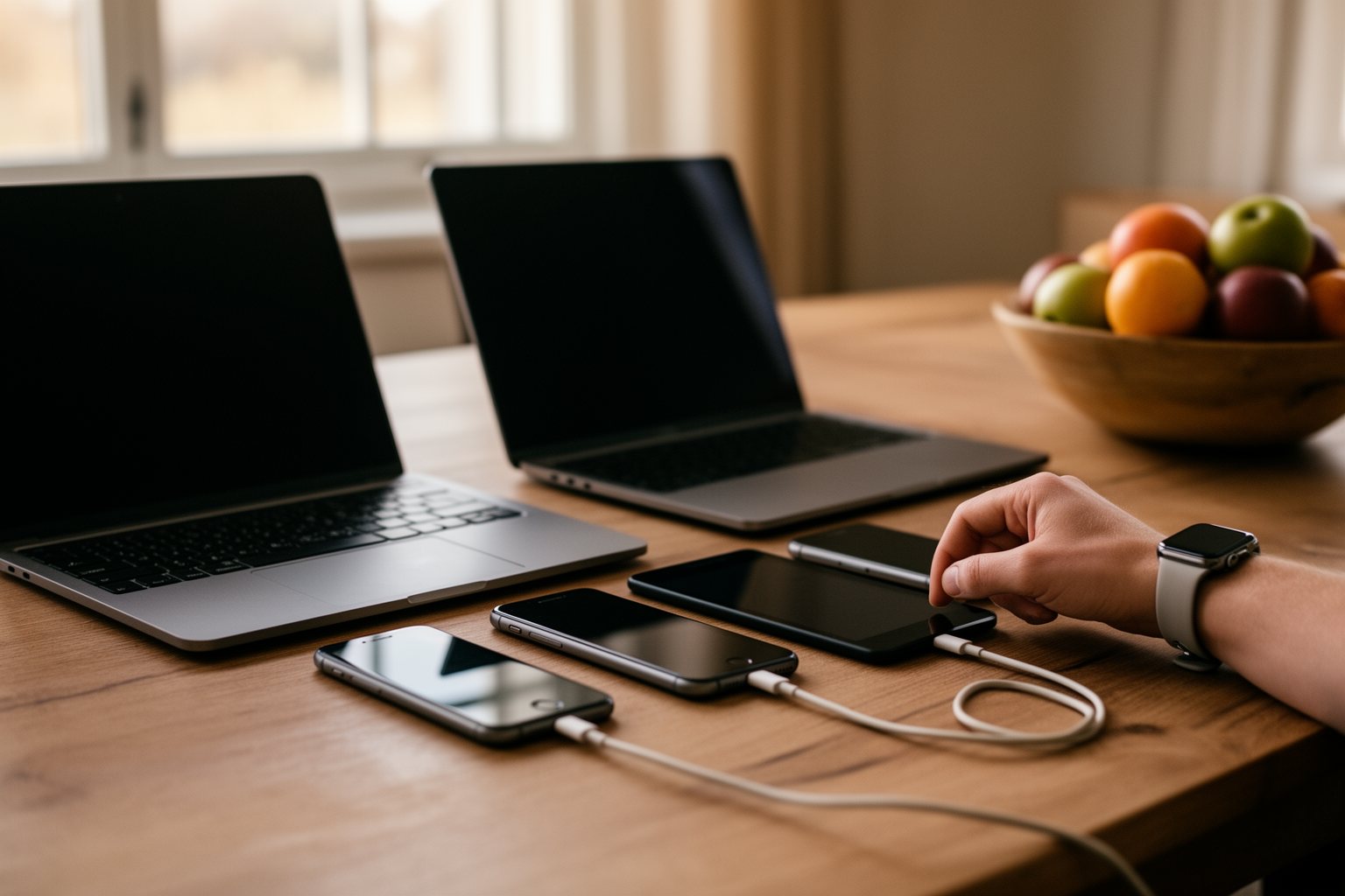 Laptops, phones and a tablet from one household gathered on a dining table