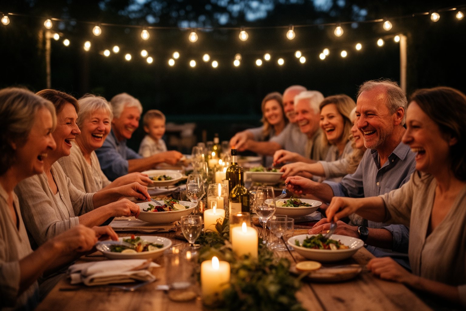 Family and friends sharing dinner and laughing together at a long table
