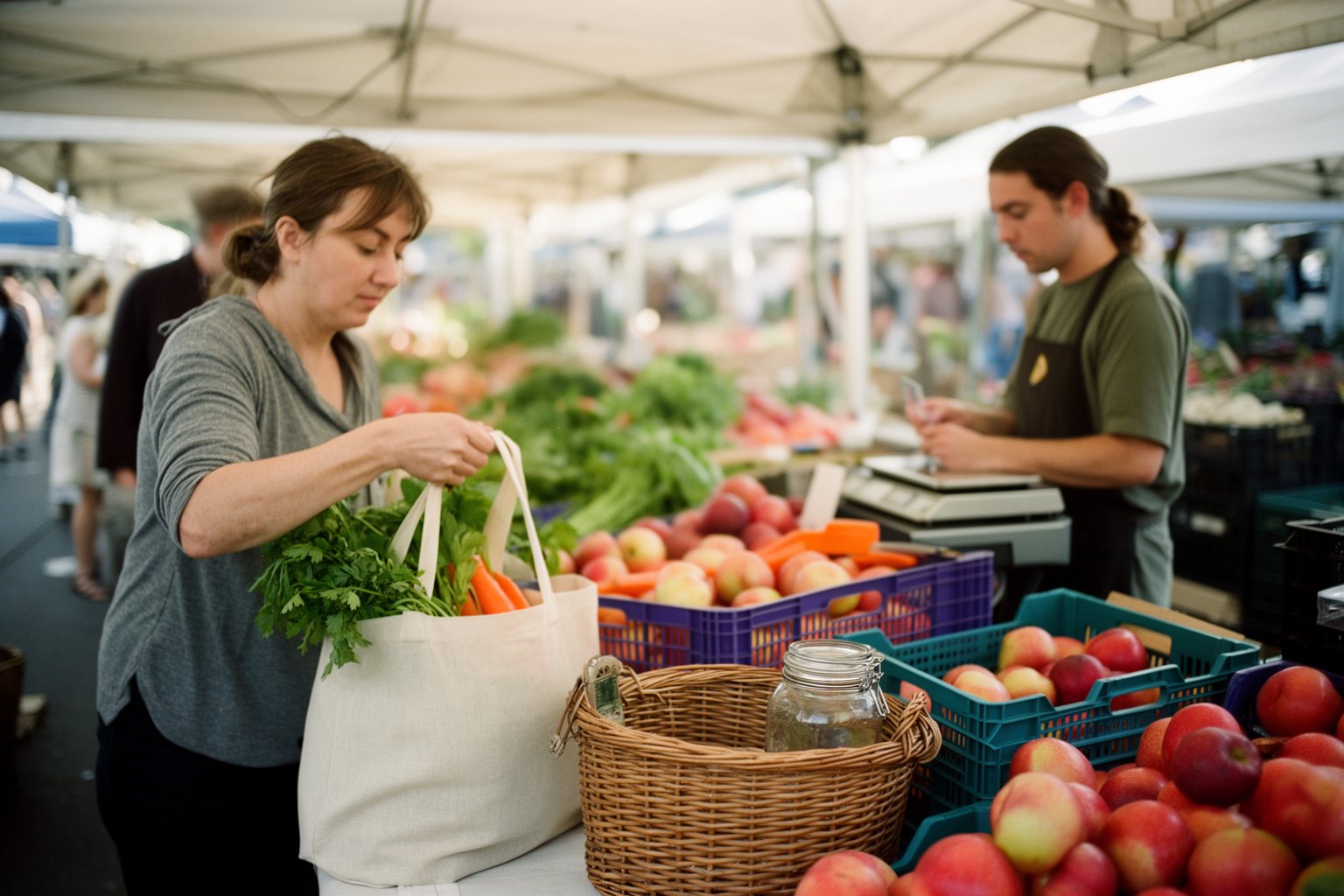 Shopper filling reusable cloth bags with fresh produce at a farmers market