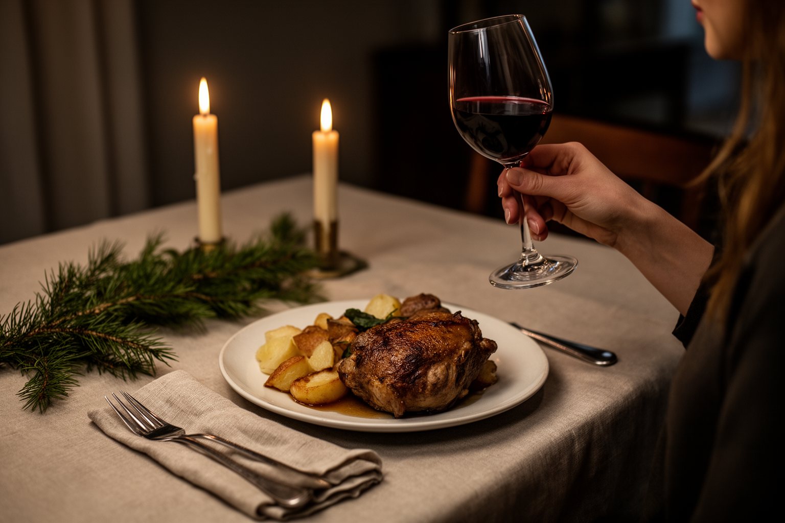 The Ultimate Guide to Spending Holidays Alone Festive dinner table set for one with candles and a roast, celebrating the holiday alone