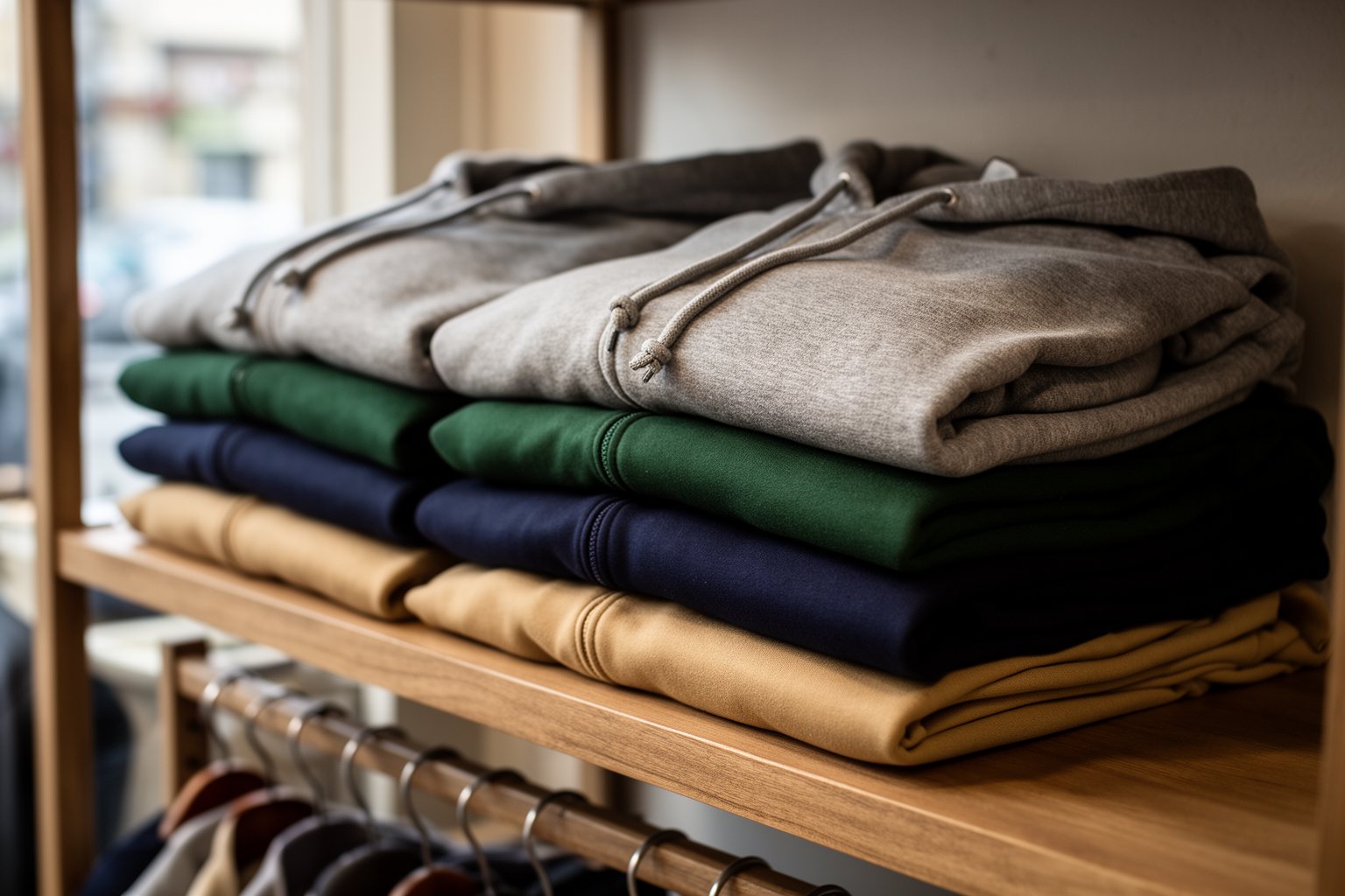 10 Must-Have Fashion Items for Teen Boys Stack of folded hoodies in muted colours on a wooden shelf