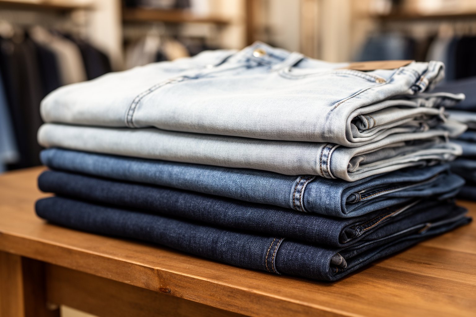10 Must-Have Fashion Items for Teen Boys Stack of folded slim-fit jeans in light, mid and dark washes