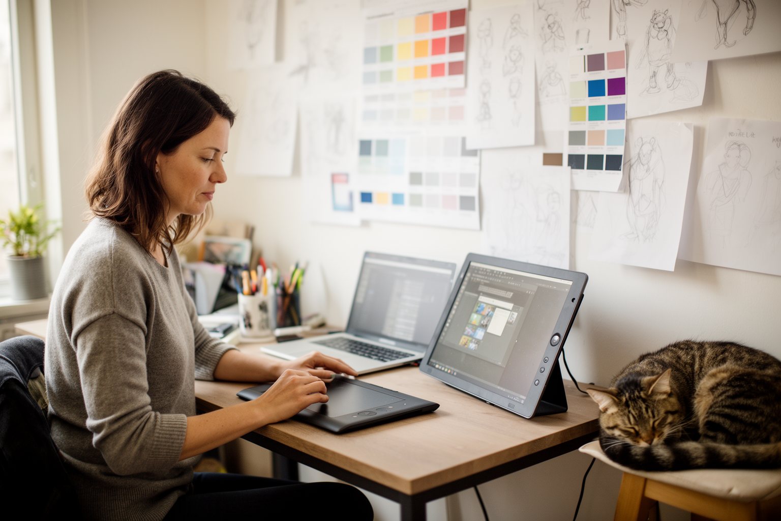 Grit and Grind: Your Layoff Survival Guide Freelance designer working from a sunny home studio after a layoff