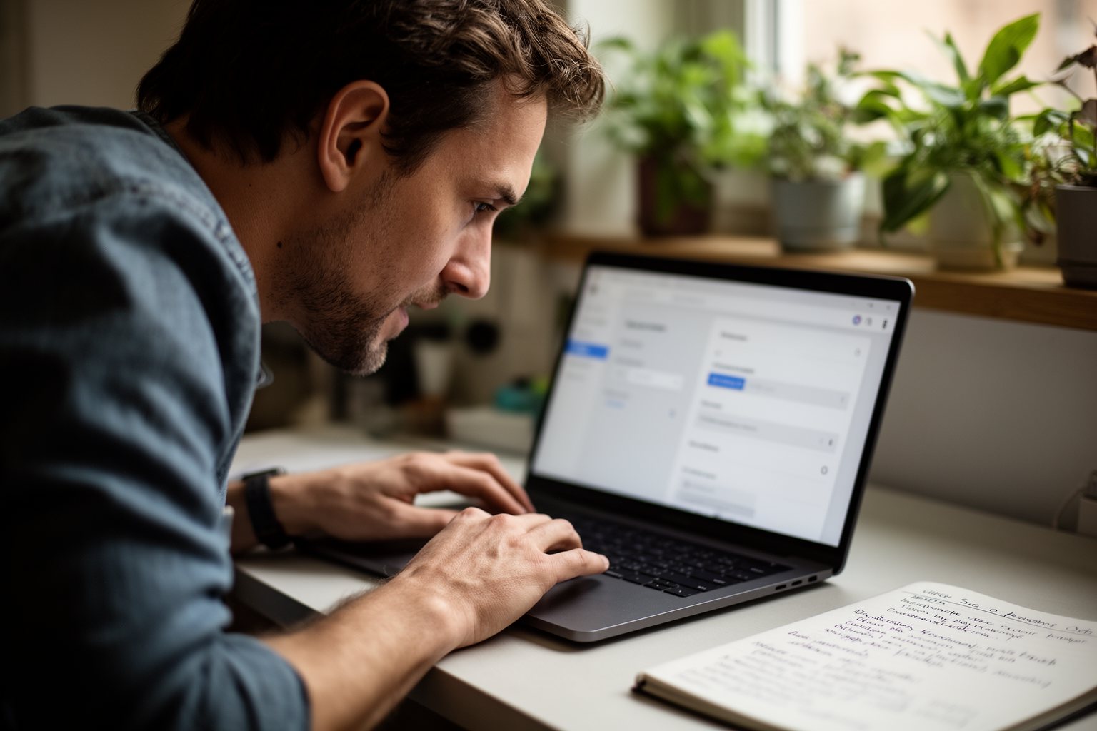 Freelancer adjusting security settings on a laptop at a home office desk
