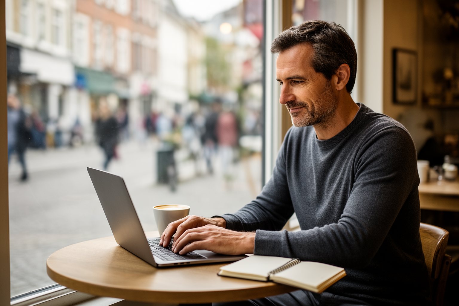 Revealed: The Side Hustle Secrets That Your 9-5 Doesn’t Want You to Know Freelancer working on a laptop in a bright café in the morning, embracing the future of work