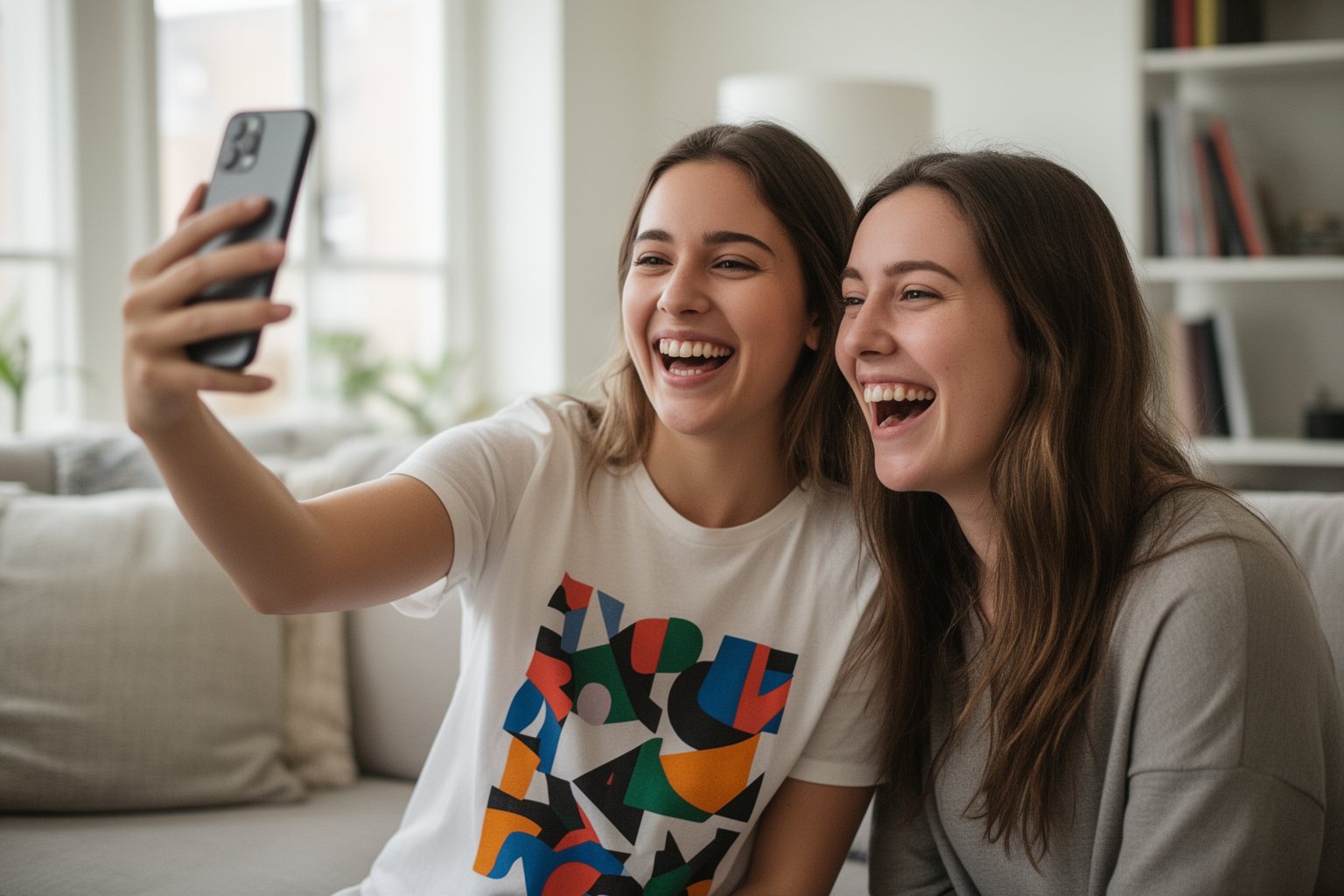 Friend pointing a phone at a printed t-shirt to bring its design to life in augmented reality