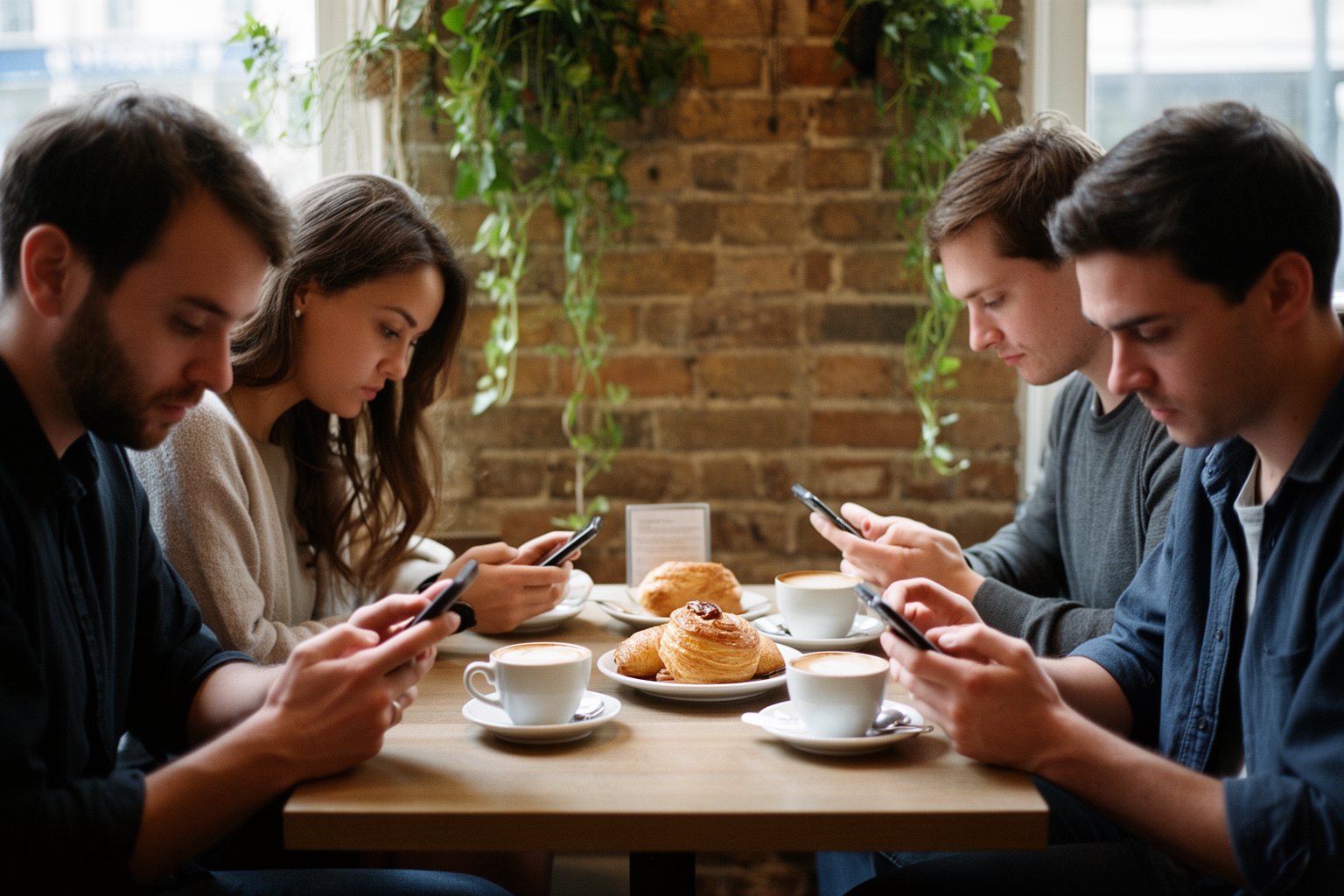 Pros and Cons of Social Media: A Double-Edged Sword Four friends at a cafe table each scrolling on their own phone