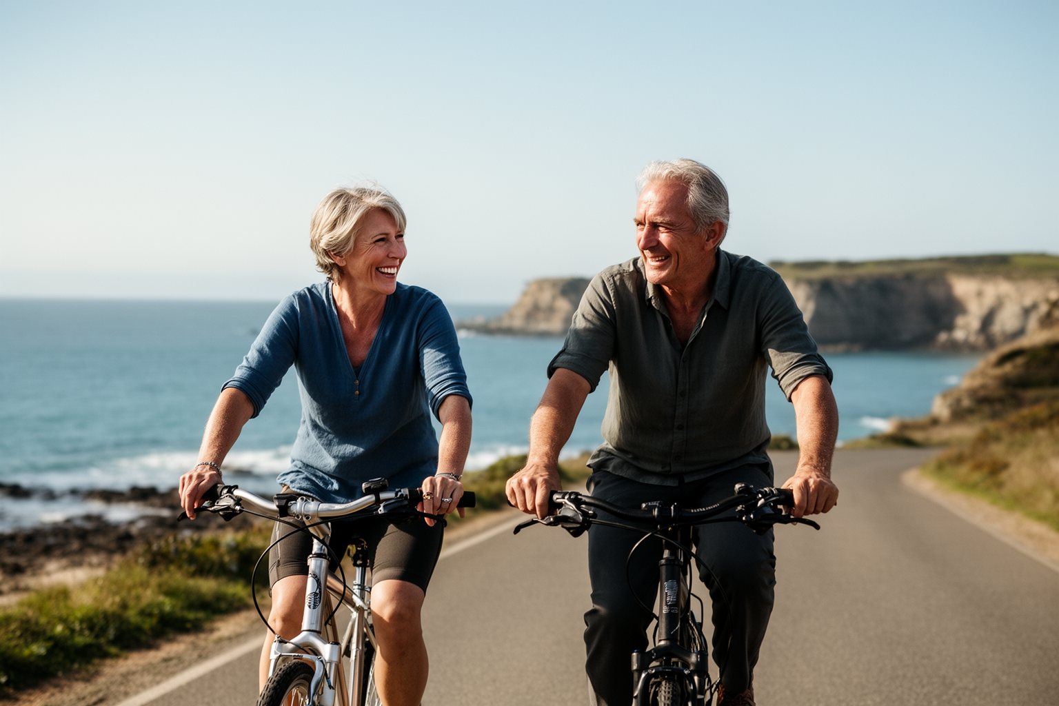 The Upside of Optimism: How to Always Look on the Bright Side Two friends cycling along a coastal road on a bright morning