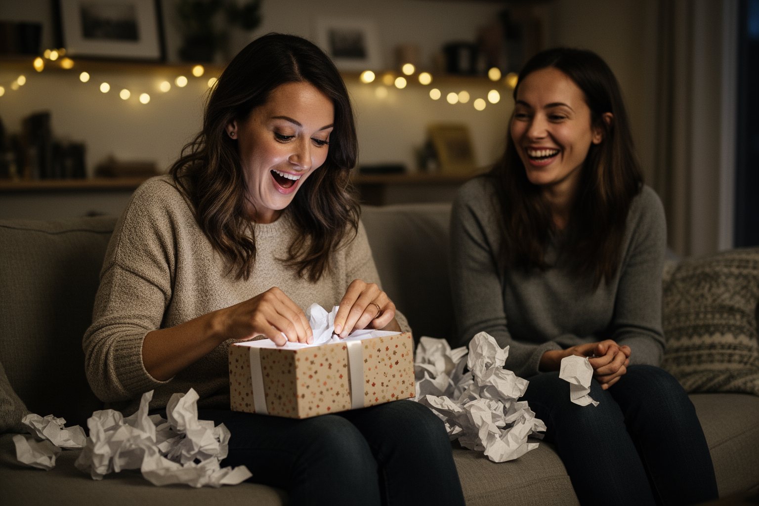 Friend reacting with delighted surprise while opening a gift in a living room
