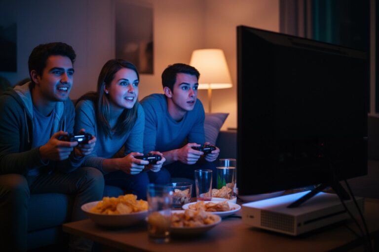 Top 10 Games of 2023: The Best of Every Genre Friends playing video games together on a big TV in a living room at night