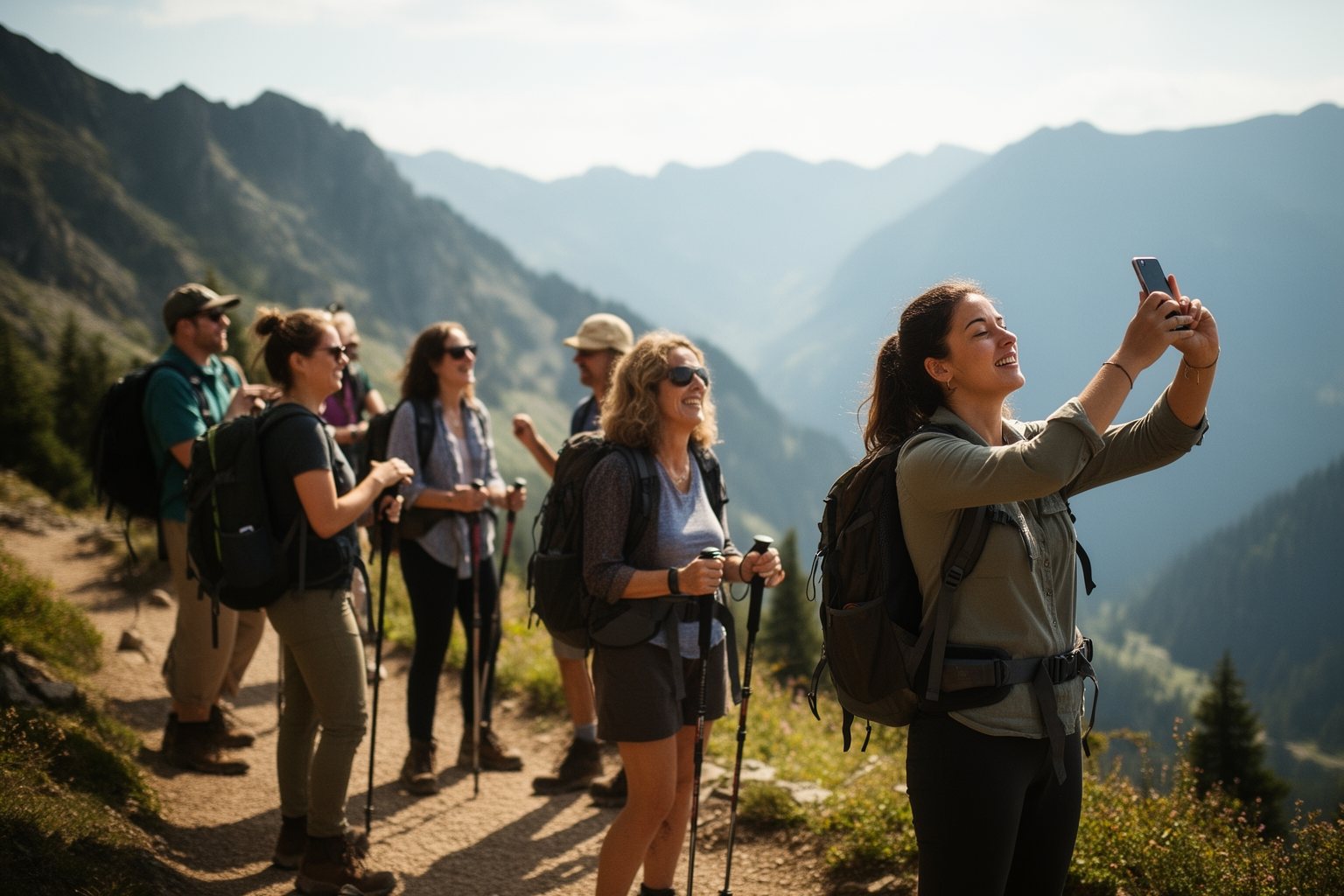 Pros and Cons of Social Media: A Double-Edged Sword Friends on a mountain hike with phones away while one takes a single photo of the view