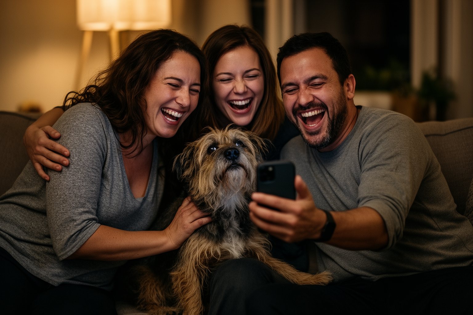 10 Epic Fails: Hilarious Pet Antics That Went Viral Friends on a sofa laughing at a viral pet video on a phone while their dog sits beside them