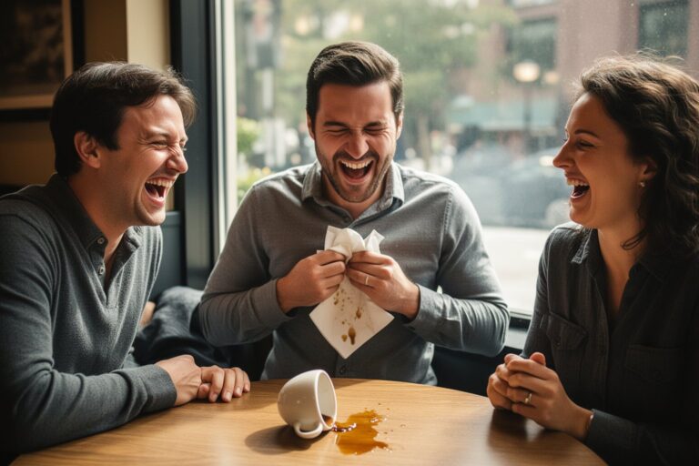 10 Hilarious Things That Happen to Everyone Friends bursting into laughter after a small coffee spill at a café, one of those hilarious things that happen