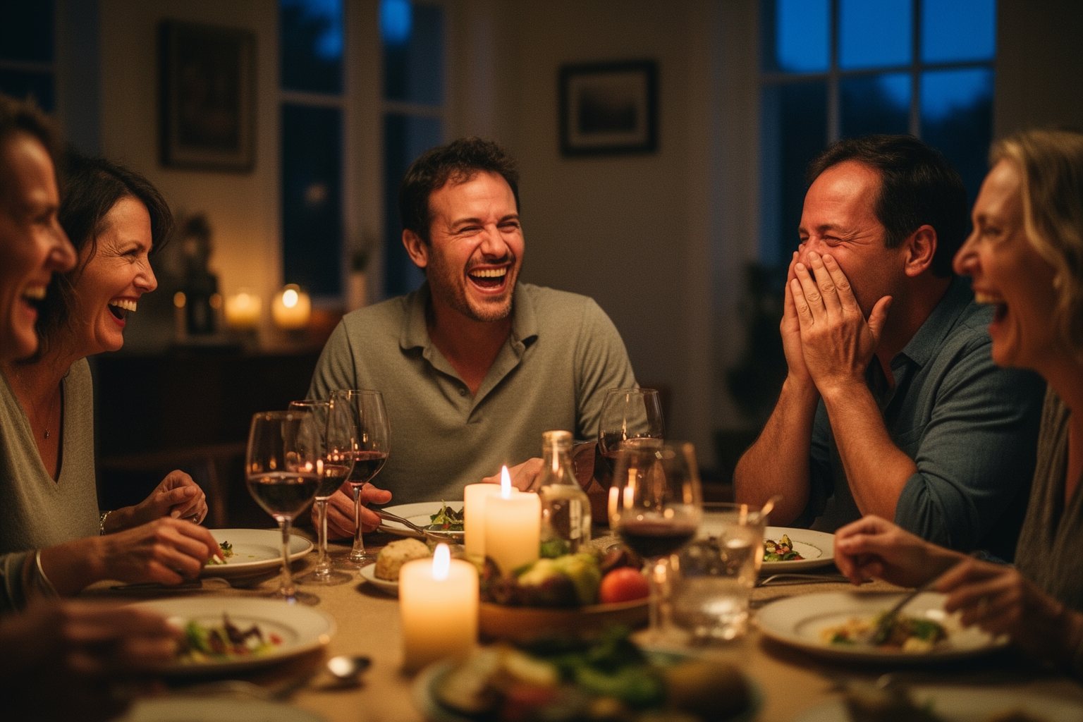 10 Hilarious Things That Happen to Everyone Friends laughing around a dinner table while swapping stories of everyday mishaps