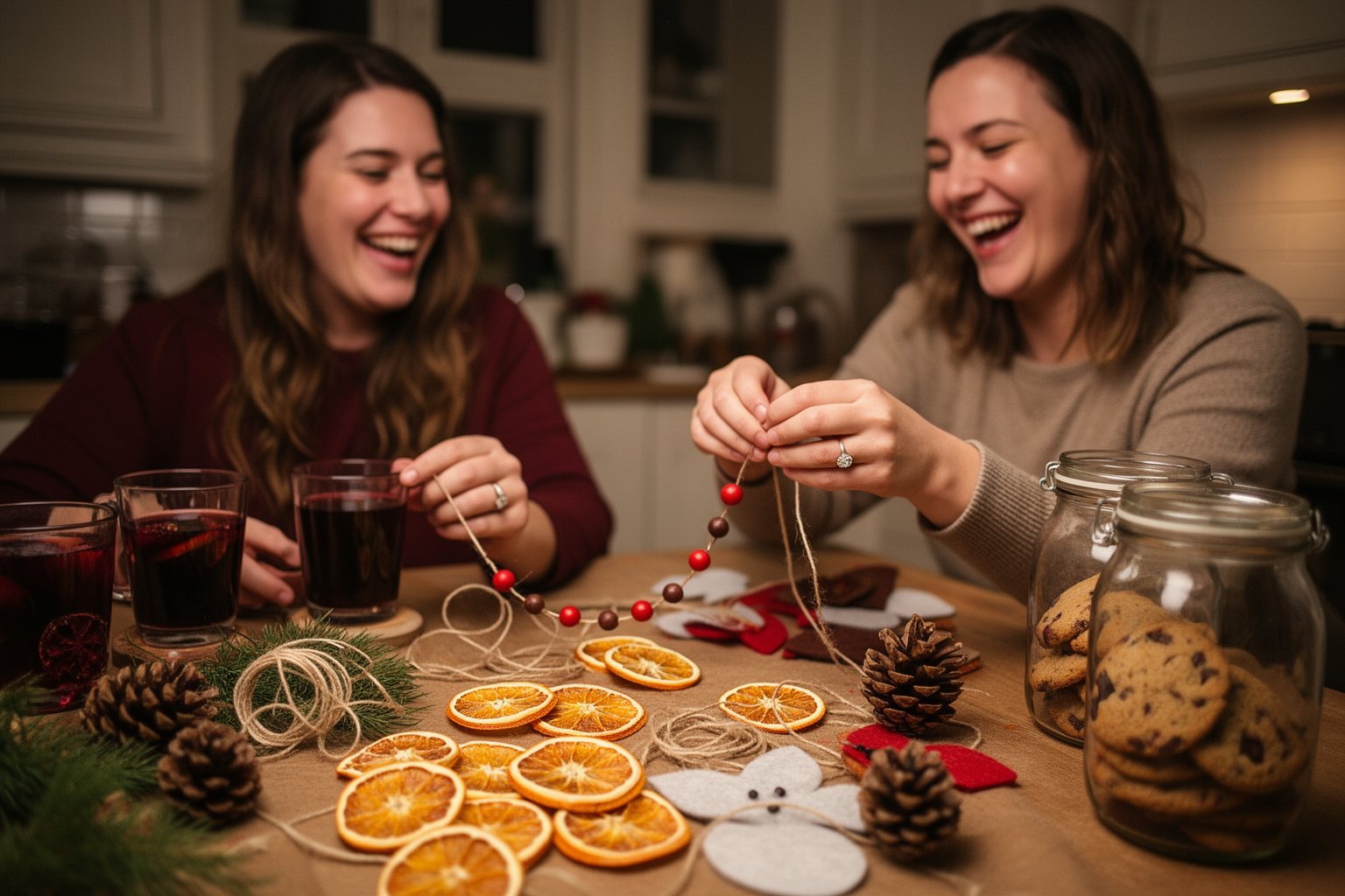 Friends making handmade ornaments and gifts at a kitchen table