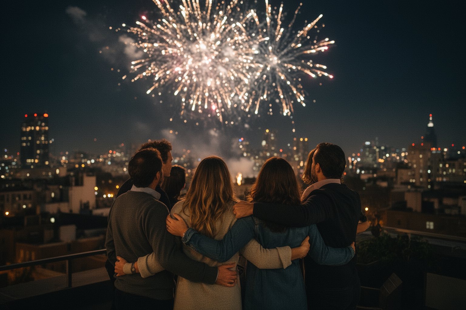 Friends on a rooftop watching fireworks over the city at New Year