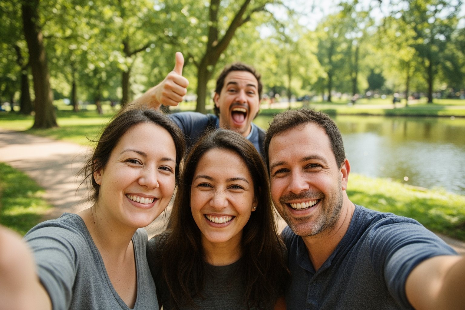 10 Hilarious Things That Happen to Everyone Friends taking a selfie in a park while a stranger pulls a silly face behind them