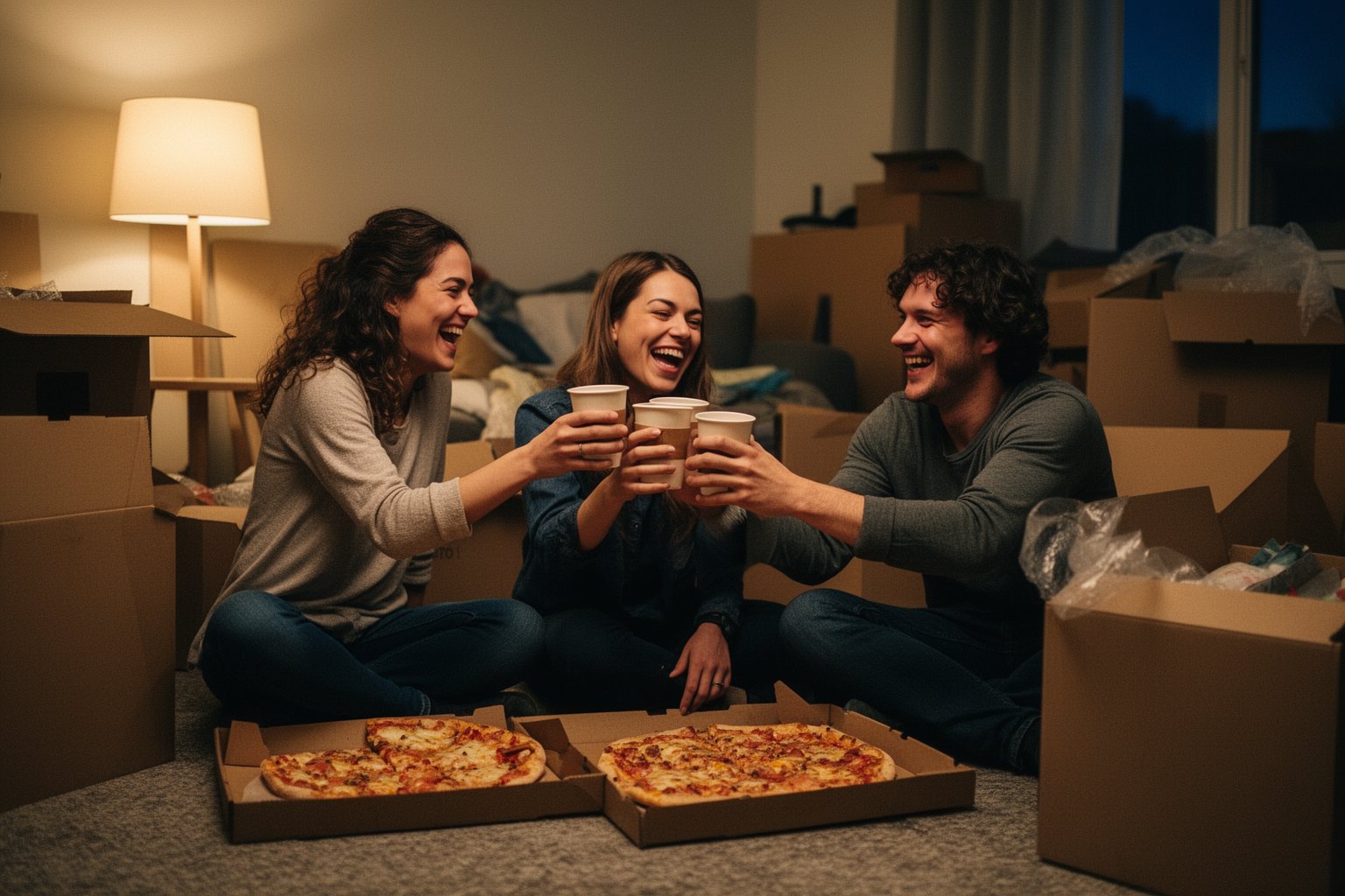 The Humorous Side of #Adulting: Welcome to the Real World Friends laughing over takeout among moving boxes, embracing the chaos of adulting