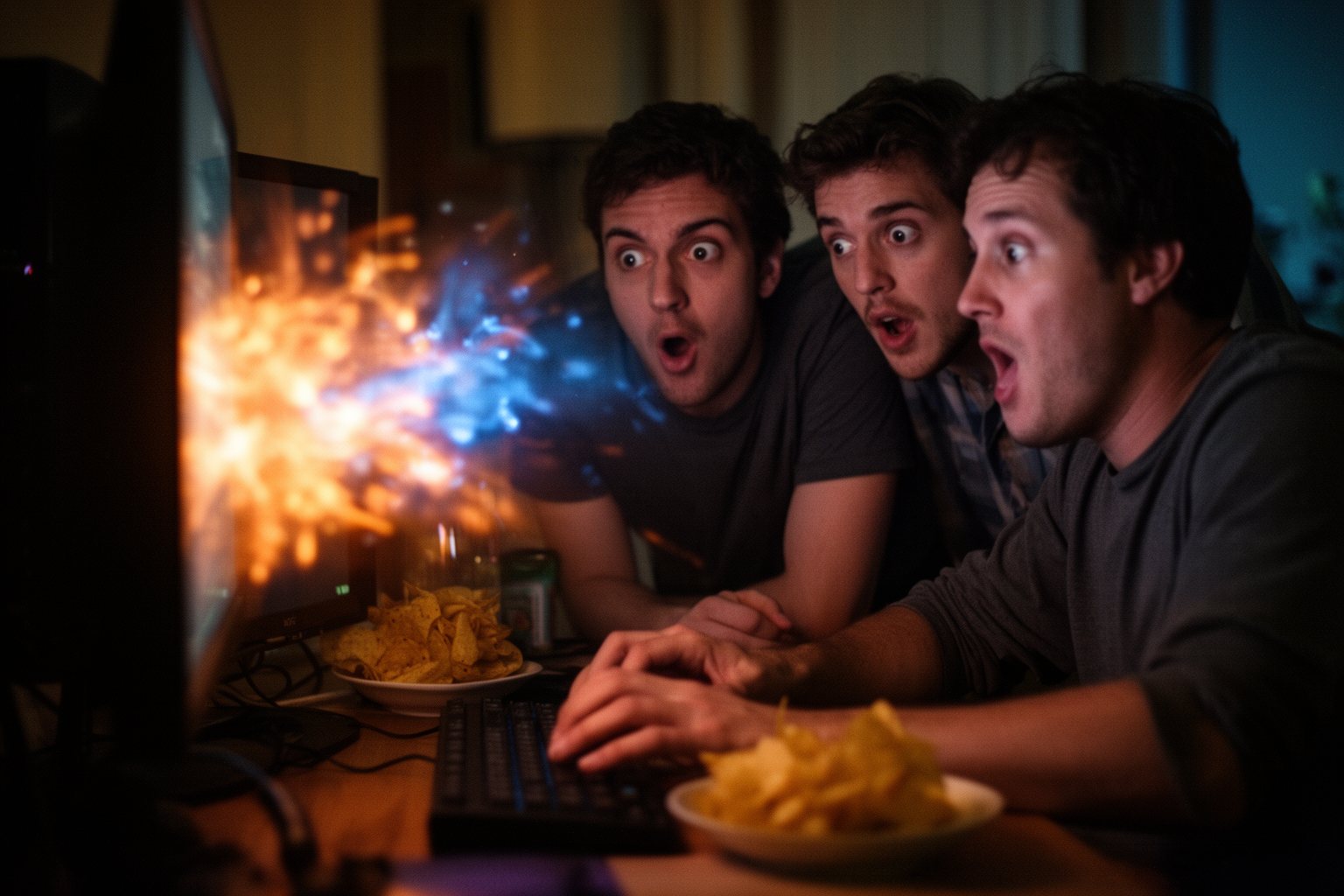 Top 10 PC Games You Can't Afford To Miss Friends gathered around a PC monitor watching a dramatic fantasy RPG battle