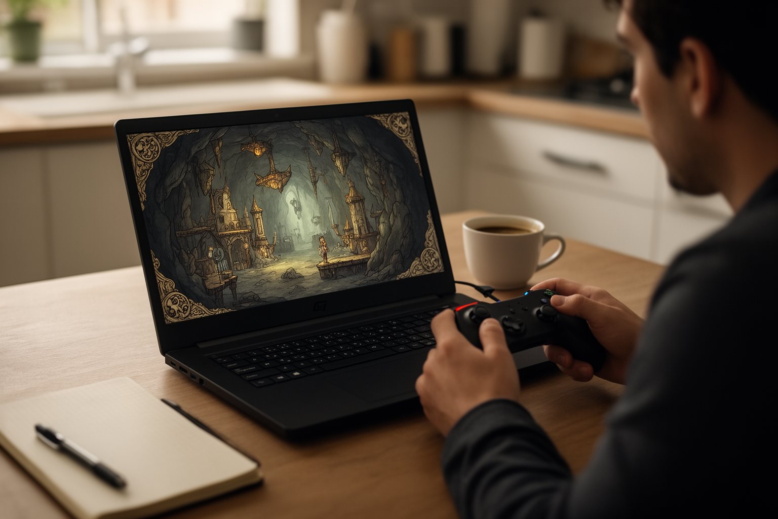 Top 10 PC Games You Can't Afford To Miss Player enjoying a hand-drawn 2D platformer on a laptop at a kitchen table