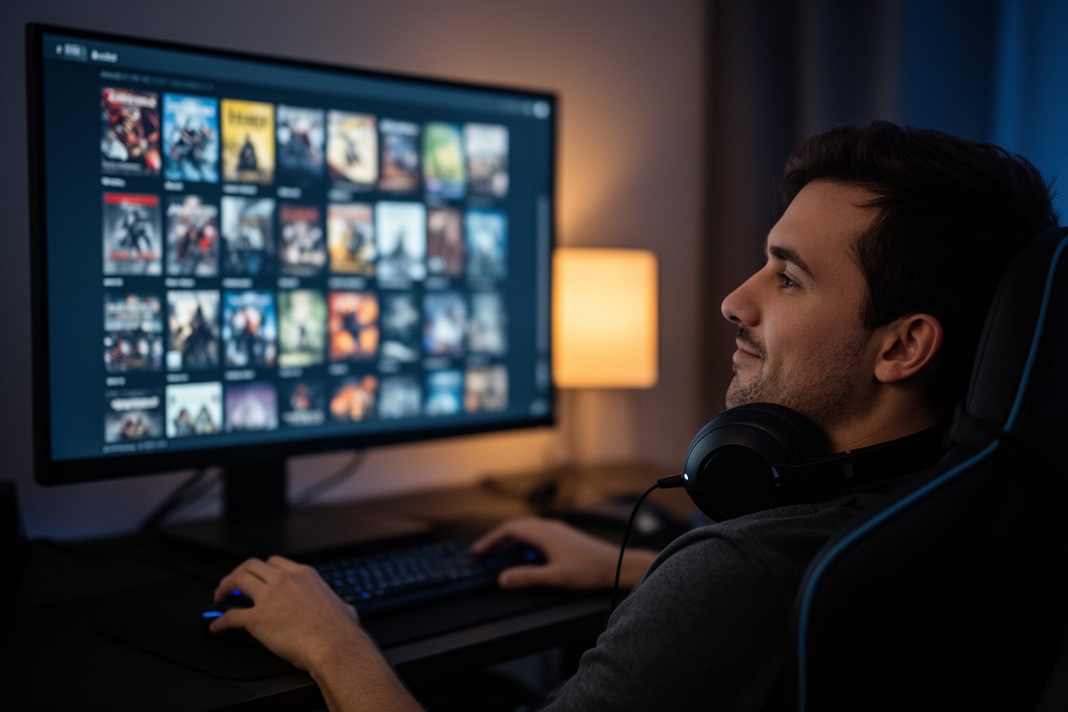 Top 10 PC Games You Can't Afford To Miss Gamer scrolling through a PC game library, deciding which of the top PC games to play next