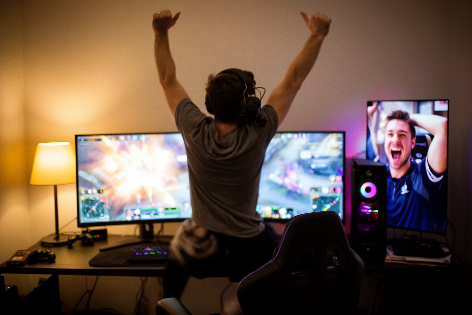 Fortnite Secrets: 10 Little-Known Tips and Hidden Features Gamer throwing arms up in celebration at a desk after winning a battle royale match