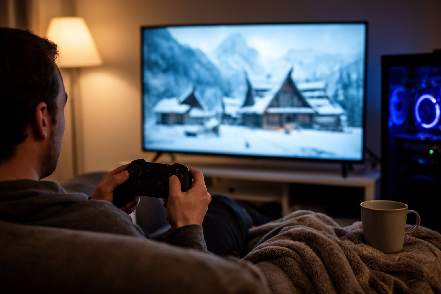 Top 10 PC Games You Can't Afford To Miss Player using a controller with a PC hooked to a TV, a snowy Norse-style landscape on screen