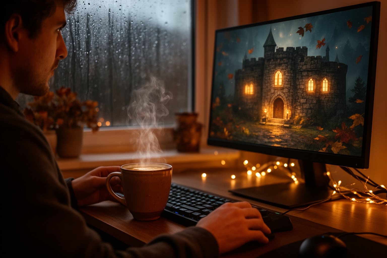 Top 10 PC Games You Can't Afford To Miss Gamer with a mug of tea playing a magical castle adventure on a PC on a cosy evening
