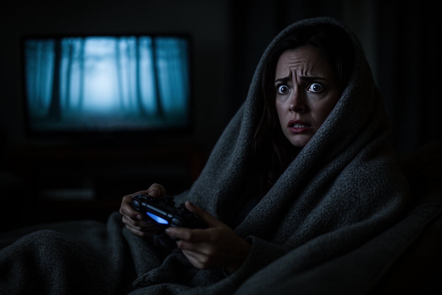 Top 10 Games of 2023: The Best of Every Genre Gamer wrapped in a blanket playing a dark psychological thriller game in a dim room