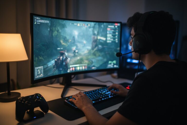 Revealed! Top 10 Gaming Gadgets You Can't Live Without! Gamer wearing a headset at a desk setup with a curved monitor, keyboard and mouse at night