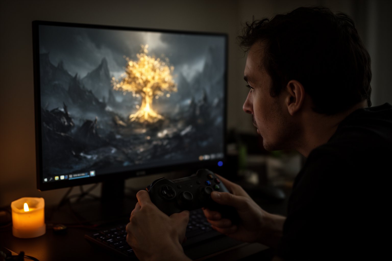 Top 10 PC Games You Can't Afford To Miss Player focused on a dark fantasy action RPG on a PC monitor in a dim room