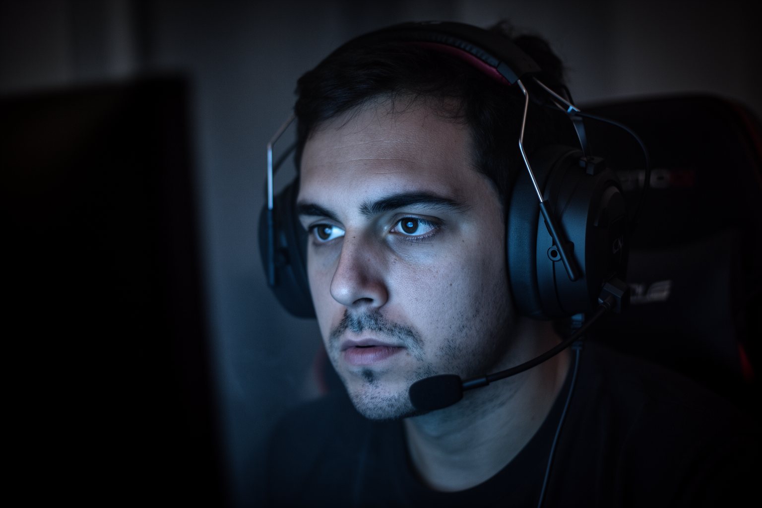 Top 10 PC Games You Can't Afford To Miss Gamer wearing headphones, eyes intent, immersed in a dark atmospheric story game