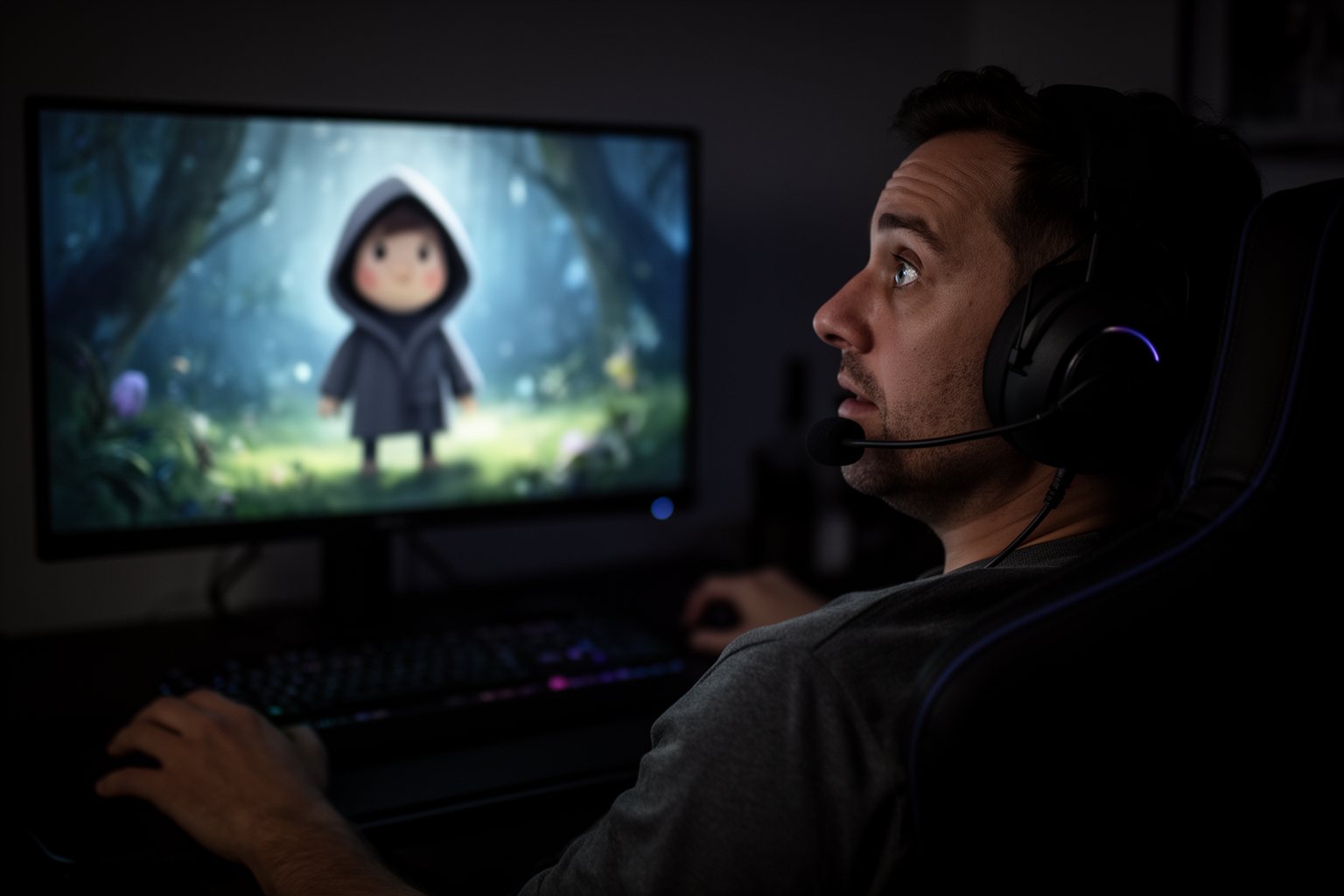 Fortnite Secrets: 10 Little-Known Tips and Hidden Features Gamer at night encountering a mysterious hooded character in a colourful game
