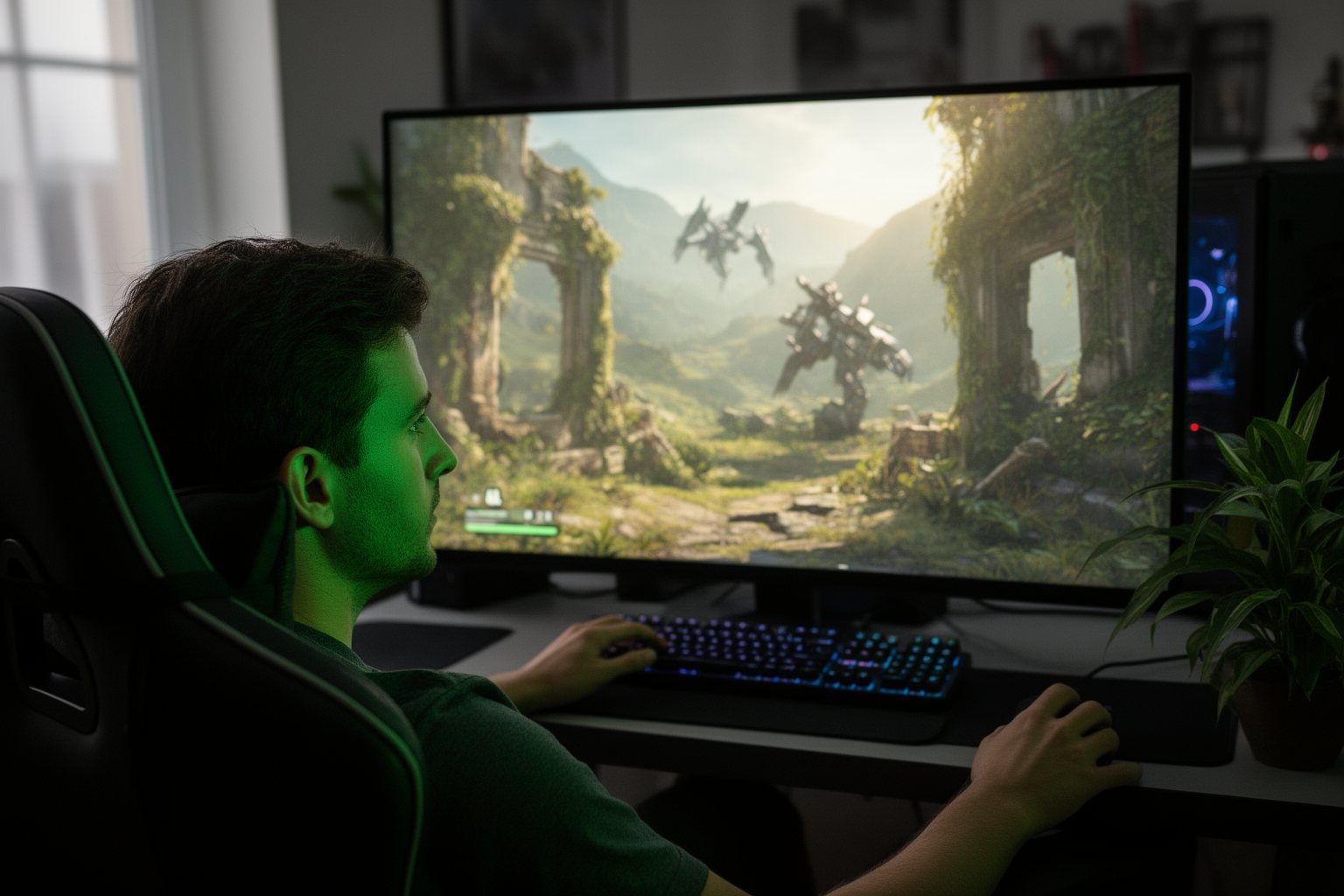 Top 10 PC Games You Can't Afford To Miss Gamer exploring a lush open world of overgrown ruins on a widescreen PC monitor