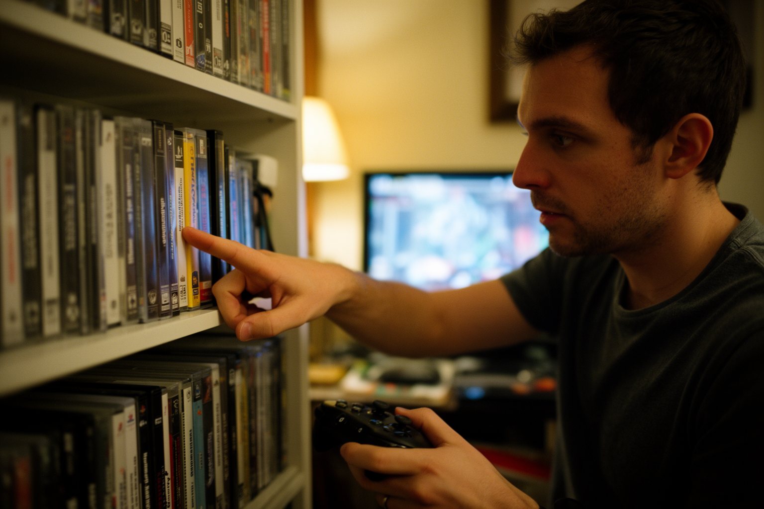 Top 10 Games of 2023: The Best of Every Genre Gamer browsing a shelf of game cases in a home games room