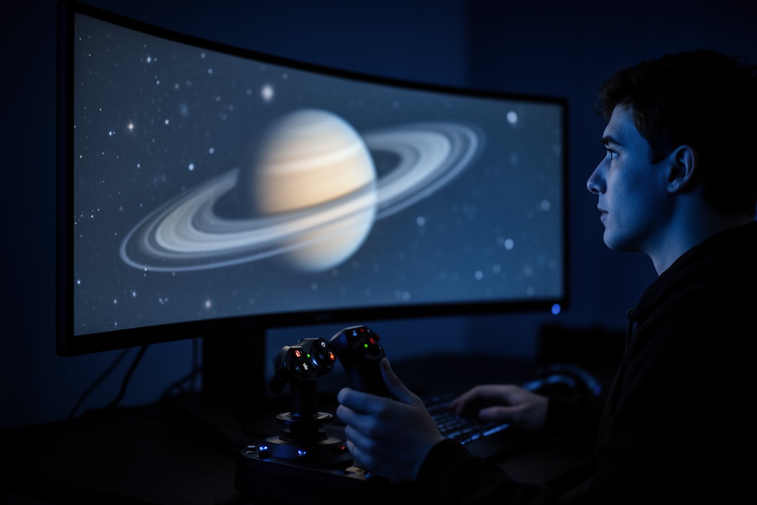 Top 10 PC Games You Can't Afford To Miss Gamer at an ultrawide monitor showing a starfield and a planet in a space exploration game